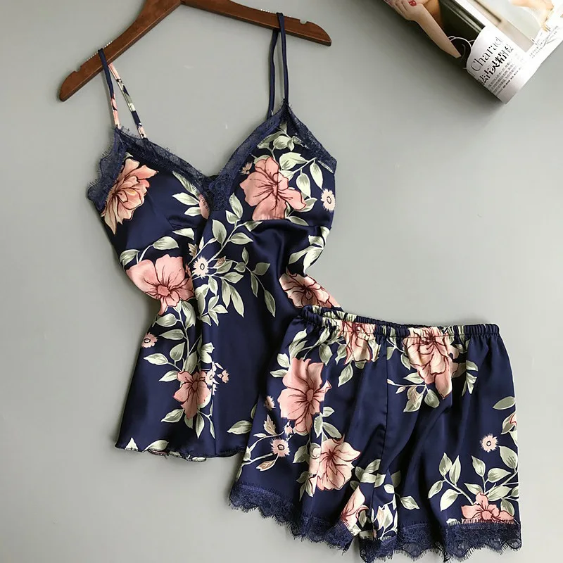 

New design women two pieces satin sleepwear set summer flower print pajamas