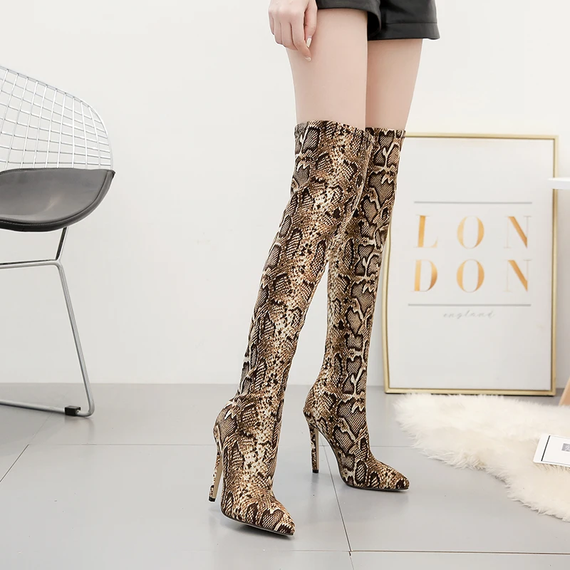 

Over-the-knee boots snake print pointy sexy fashion nightclub party wear plus size thigh high boots