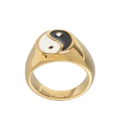 

High Polish 18K Gold The Great Ultimate Ring Jewelry 18K Gold Plated Stainless Steel Yin Yang Symbol Signet Ring, Photo