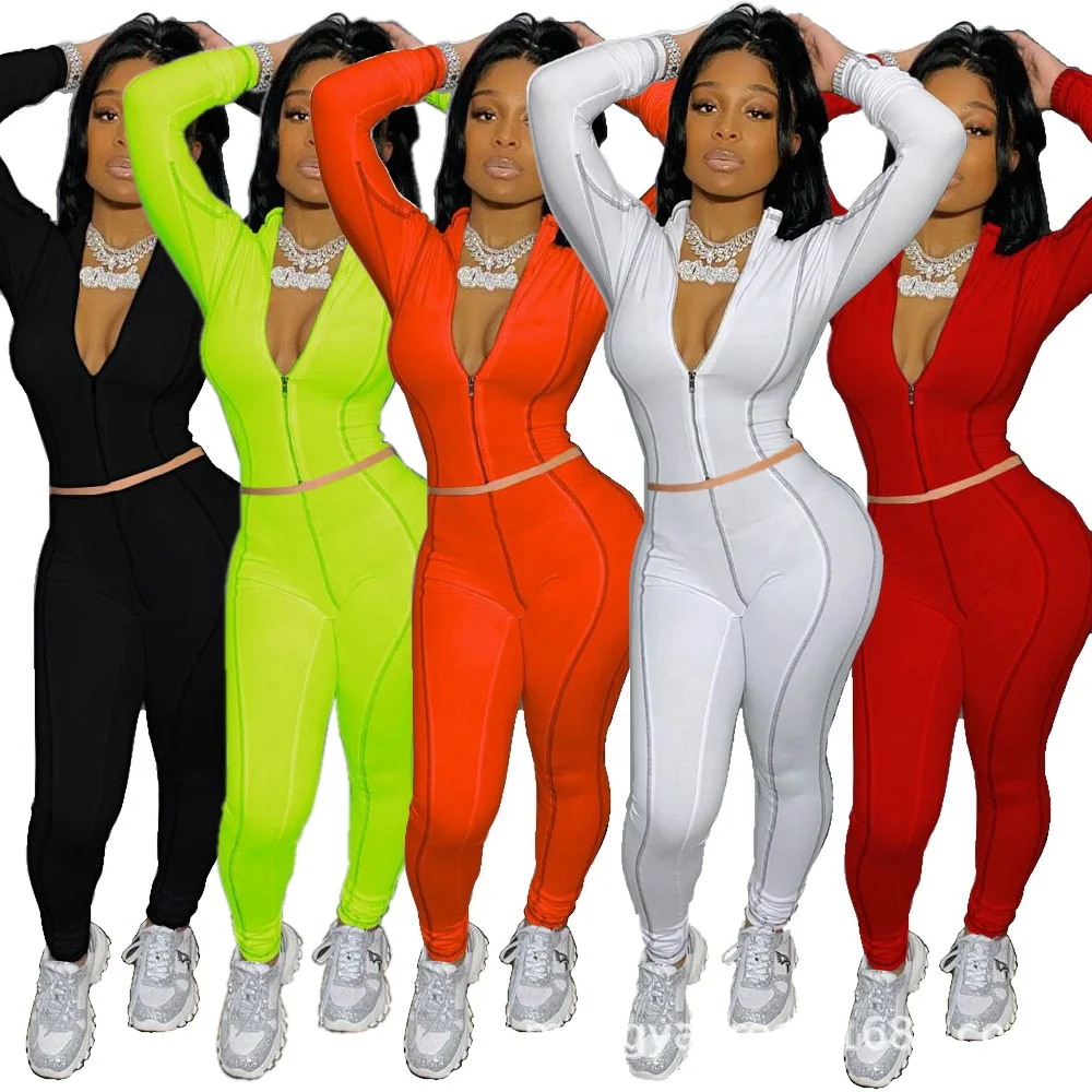 

2021 Women Clothing Zipper Skinny Gym Fitness Wear Fall Winter Solid Color High Waist Two Piece Pants Set Lady Jogging Suits, Picture