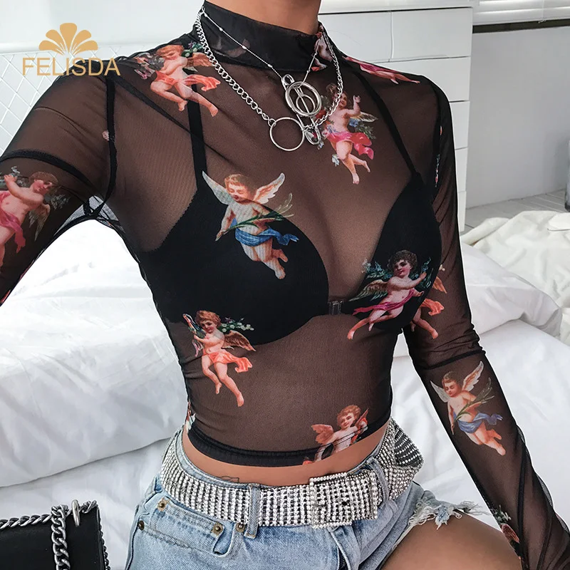 

New Arrival Sexy Women T Shirt See Through Transparent Mesh Tops Long Sleeve Sheer Slim Ladies Turtleneck T-Shirt Women Tshirt