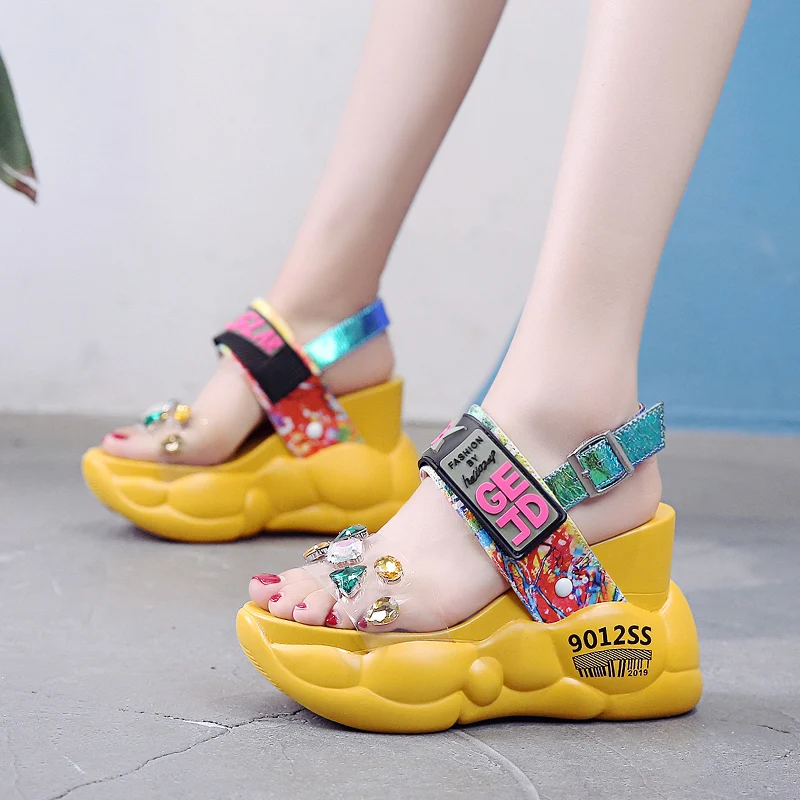 

Color Rhinestone super high heel slope heel women's sandals