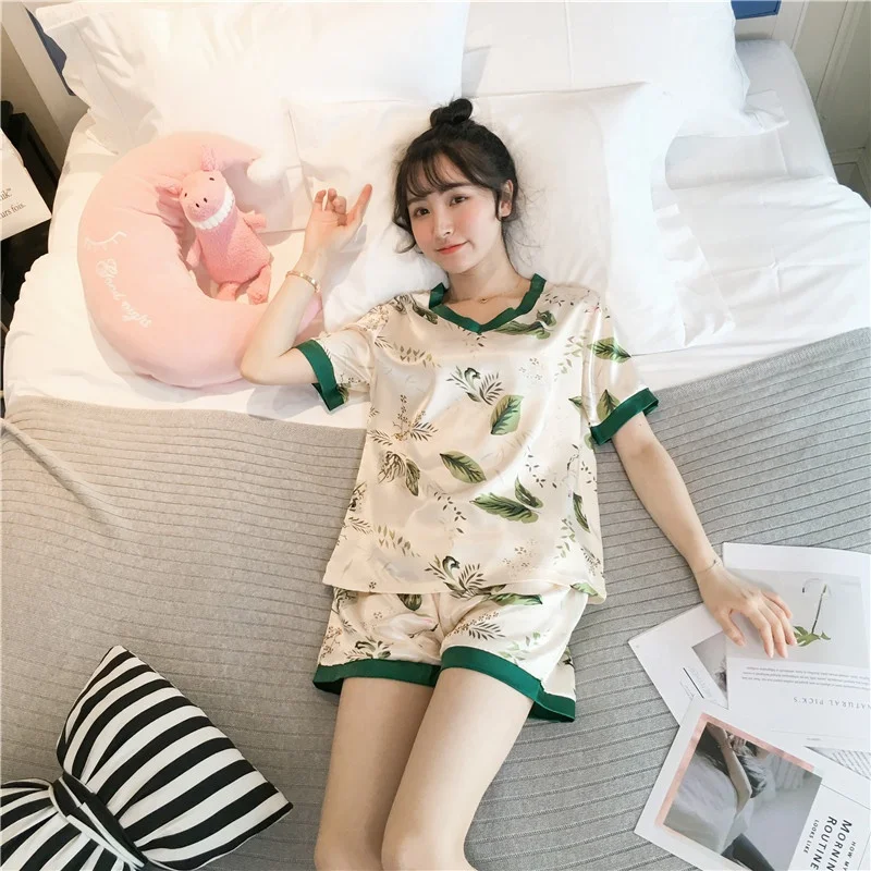 

V Neck Short Sleeve 2 Piece Suit Pajamas Sexy Female Nightwear