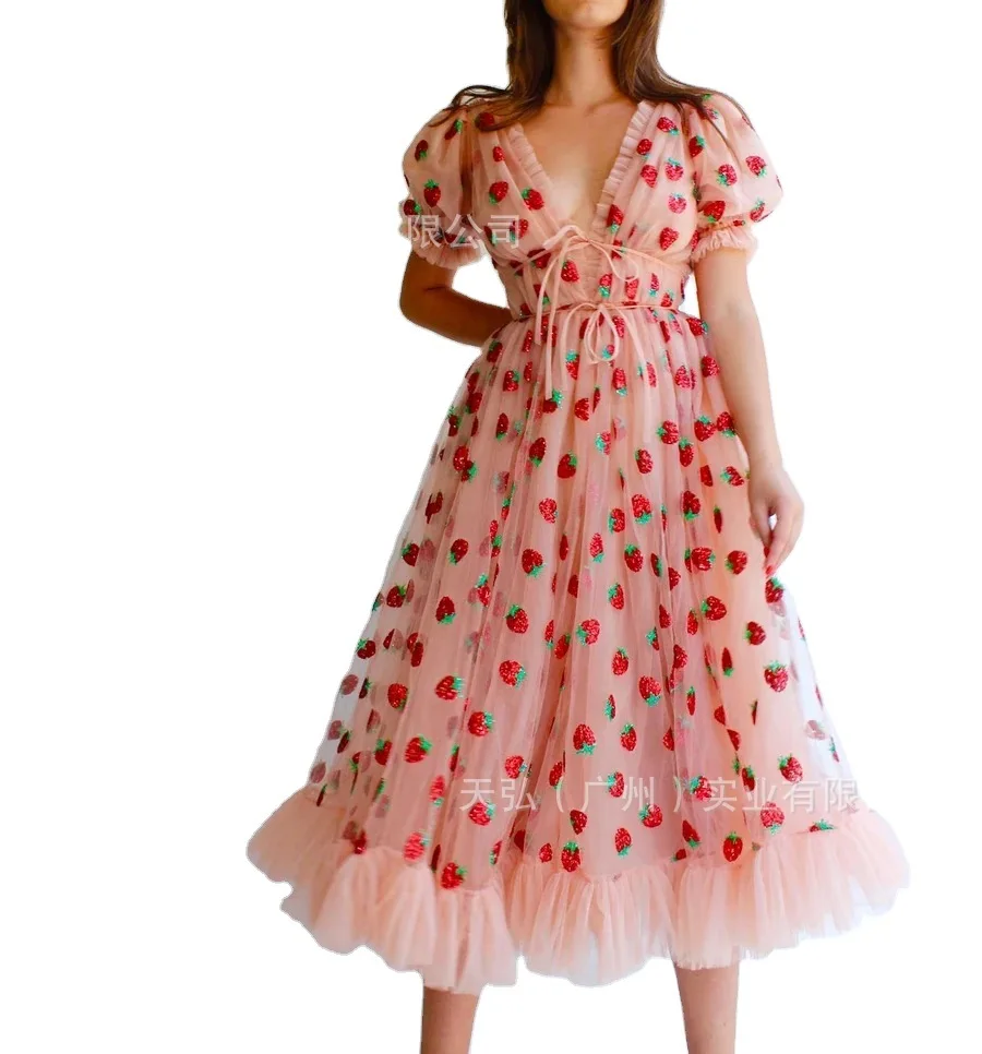 

2021 new hot sale puff sleeve black strawberry mesh maxi dress
