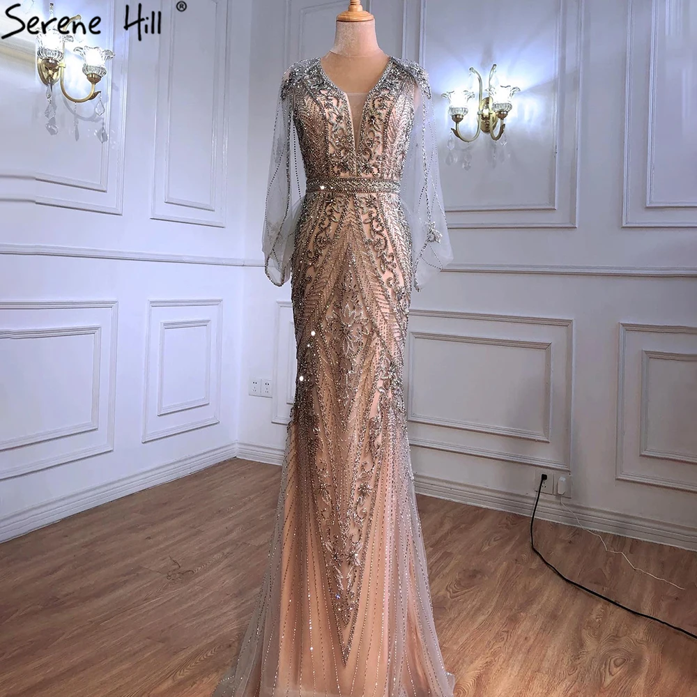 

Sexy Nude Silver Backless Luxury Mermaid Evening Dresses 2021Serene Hill LA70905 V Neck Beaded Long Party Gowns For Women