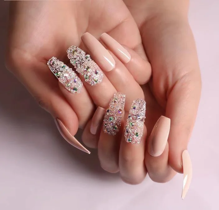 

Transparent beads diamond brown Artificial Nails Short Press on Nails
