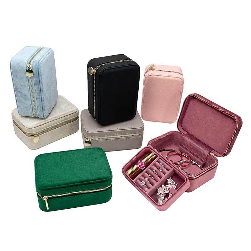 Ready To Ship Velvet Makeup Jewellery Organizer Storage Boxes Logo Zipper Jewelry Case