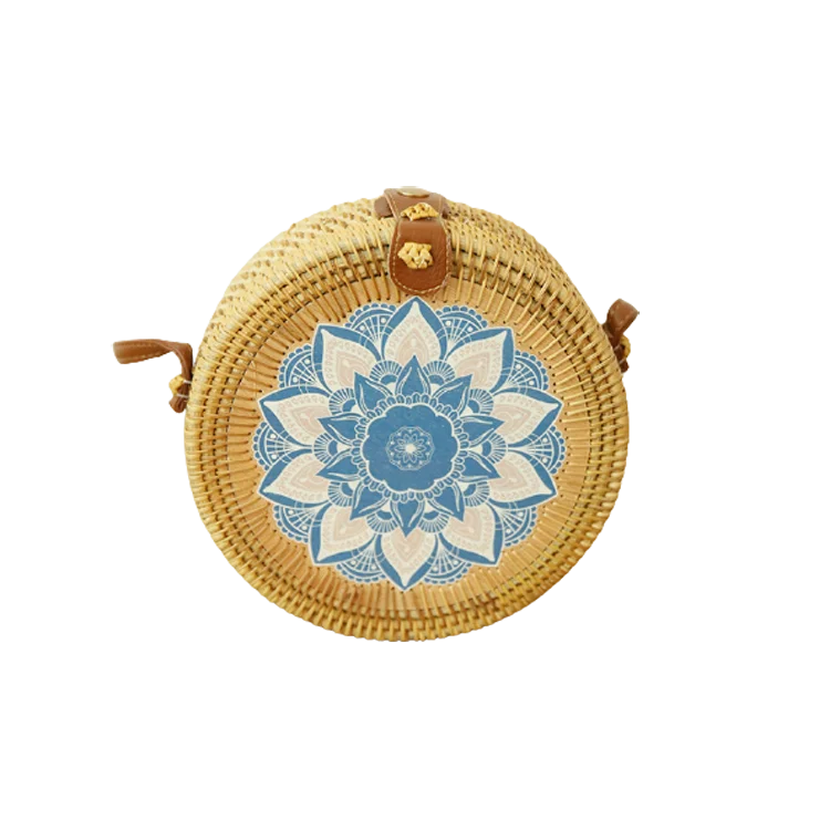 

Embroidery Pattern Rattan Bag Round With Pu Leather Strap Straw Beach Bag Rattan Bag Bali, As per picture