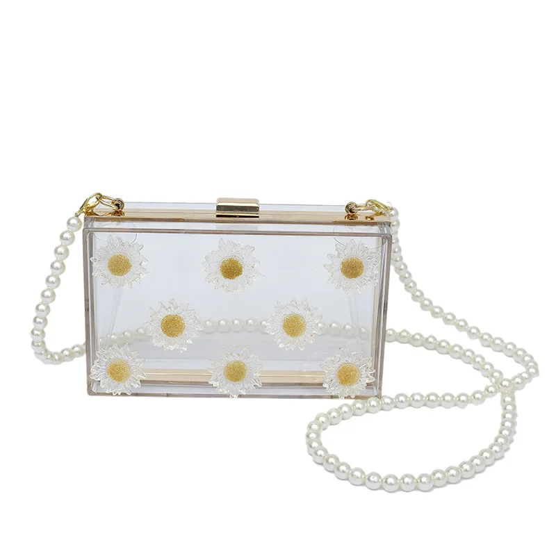 

Women Transparent Acrylic Daisy Flower Pearl Clutch Small Square Handle Shoulder Side Bag Premium