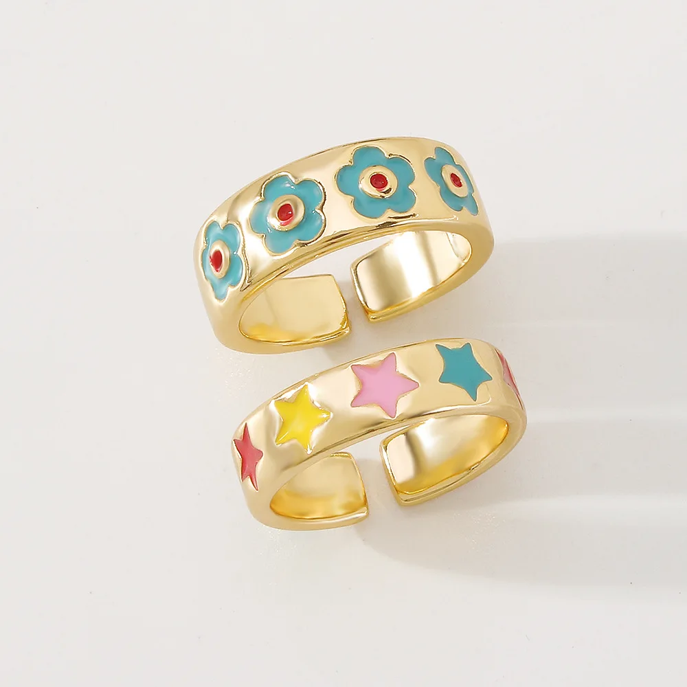 

Amazon Best Selling Real Gold Plated Colorful Oil Drip Star Rings Bling Multi Color Enamel Flower Rings For Women Girl