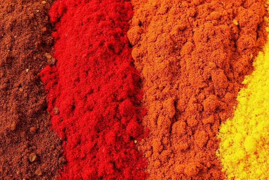 Chili powder varieties laid out on a wooden table