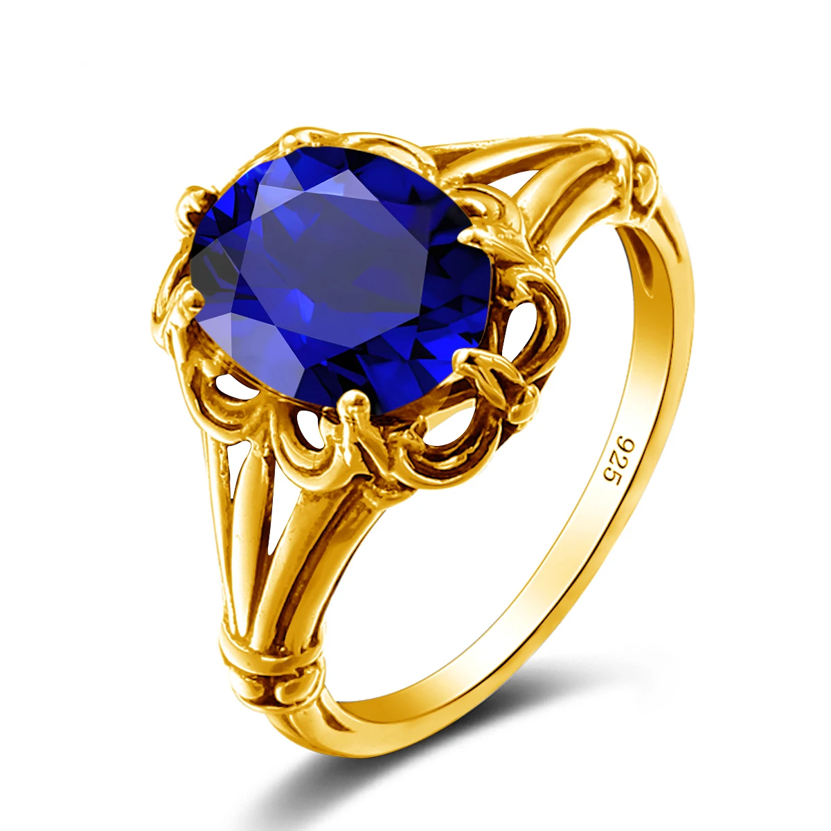 

Vintage Exquisite Filigree Cocktail Party Favor 925 Sterling Silver Plated 18K Gold Women's Sapphire Rings Jewelry