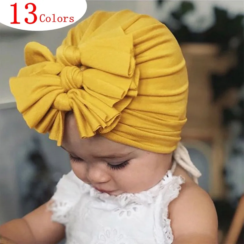 

INS Fashion Baby Girls Turban Hat Triple Bows Headwrap Soft Cotton Bowknot Baby Turban with three knot bows, Pictures