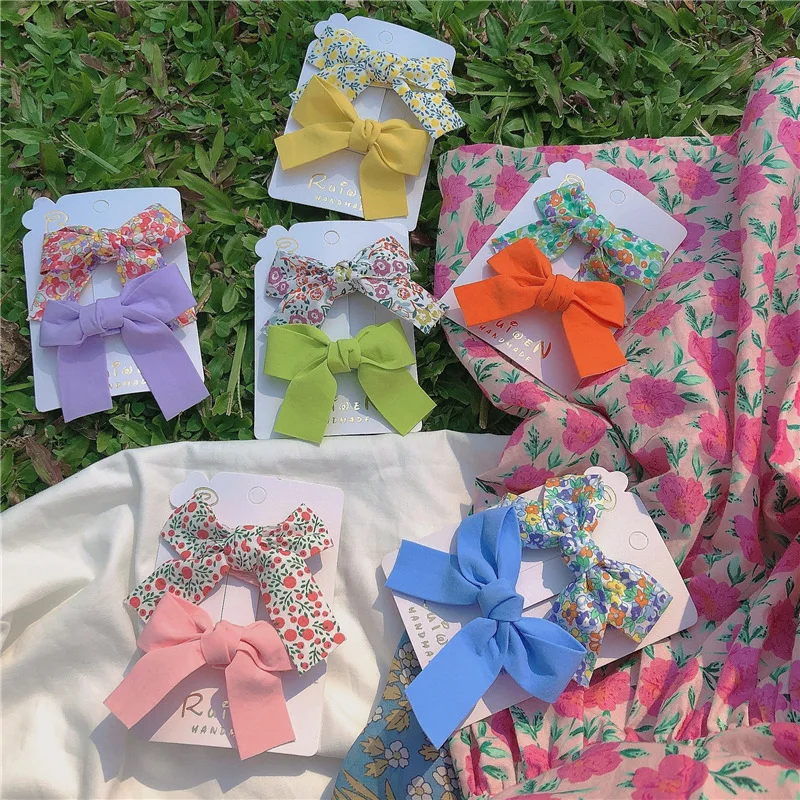 

2 Pieces/set Floral Bow Children Hairpin Kids Headdress Printed Side Bangs Clip Fashion Hair Accessories