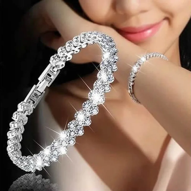 

Women Heart CZ Crystal Bracelets Fashion Roman Style Crystal Bracelets 925 Sterling Silver Bangles for Gifts Accessories, Silver,gold,rose gold