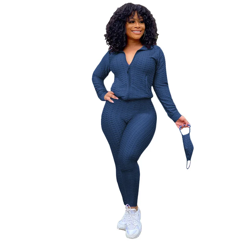 

Leotard solid color long sleeve pants suit jogger casual sportswear women's link cardigan bubble yoga pants sports suit