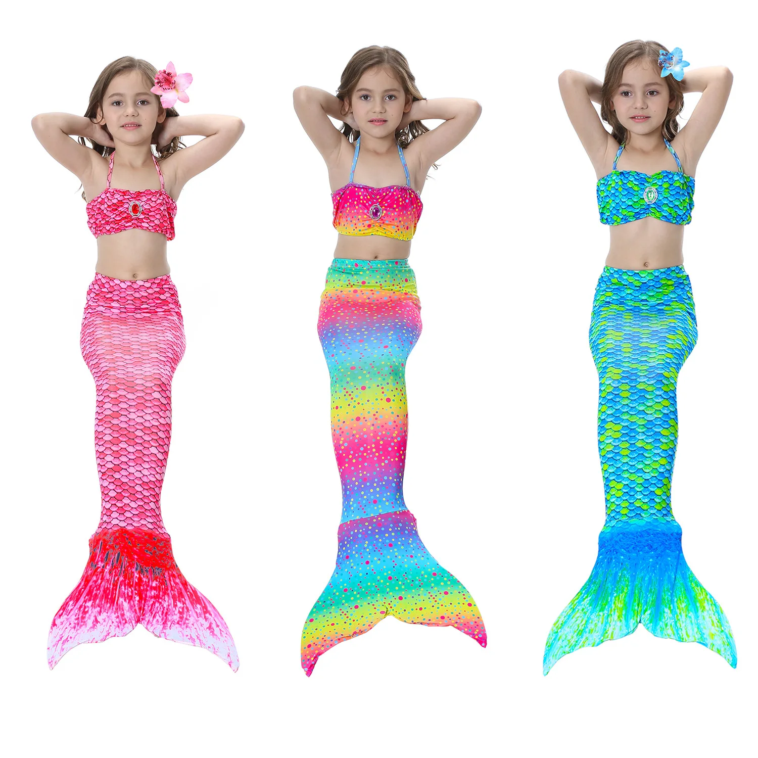 

new design Costume Colorful Bikini Swimwear Children Mermaid Girls Swimwear 3 pcs set Mermaid Tail Swimsuit, Pink,purple,red,sky blue