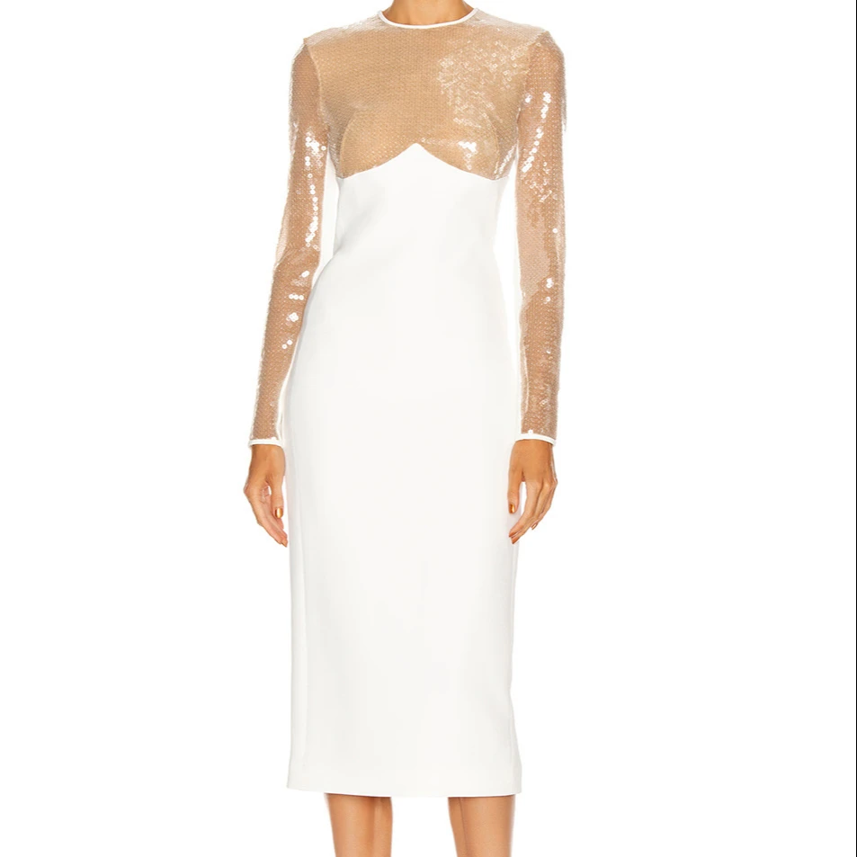 

D8202 Lady sexy body transparent sequins round collar long sleeve evening dress bandage dress