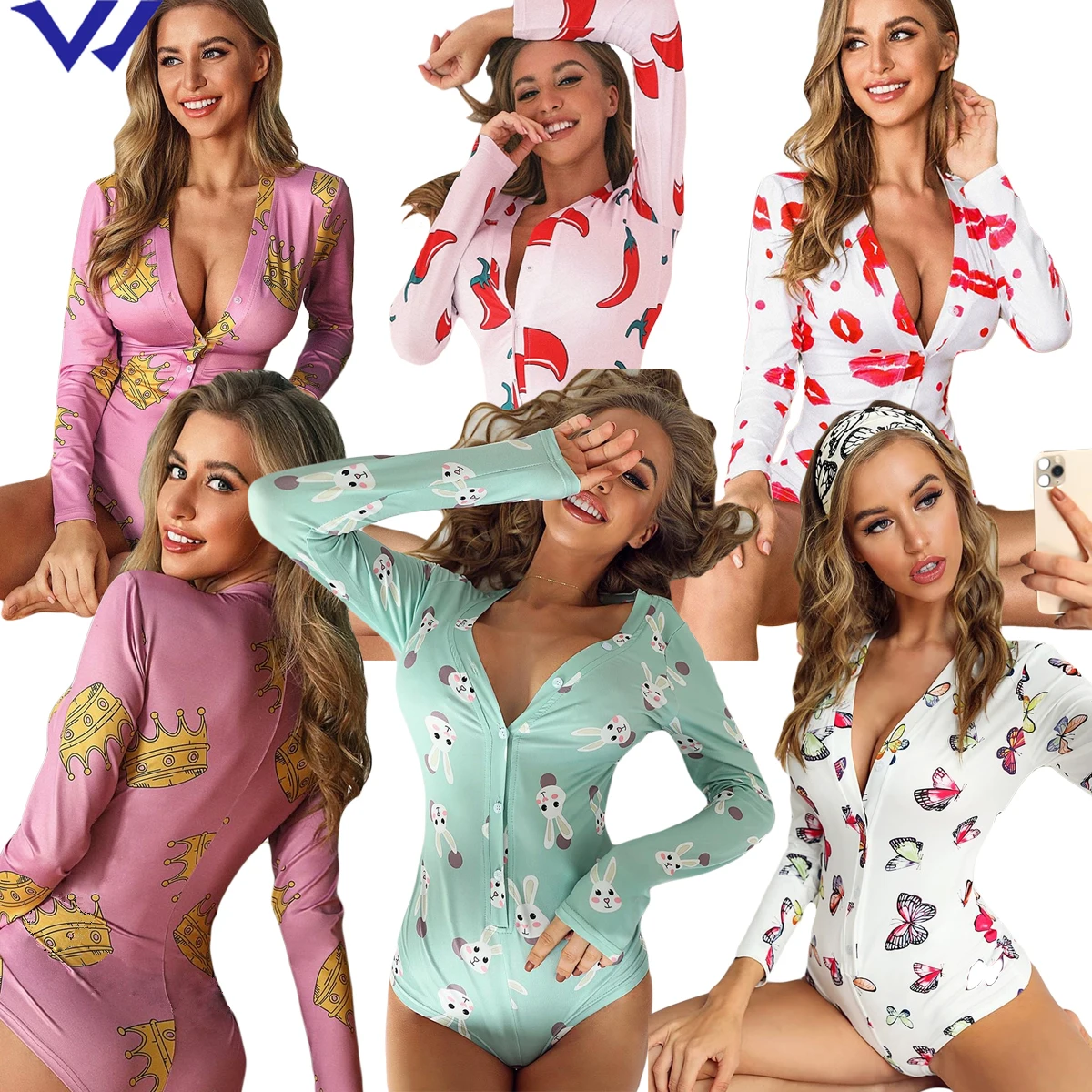 

LOQ MOQ V-neck pajamas onesie adult printed jumpsuit one piece women sleepwear party wear onesie