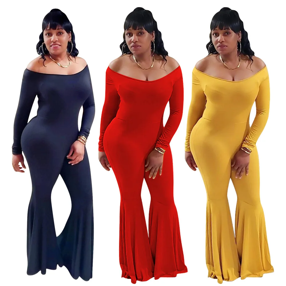 

Women Jumpsuit 2021 Fashion Slim Big Trouser Long Sleeve Long Horn Jumpsuit Soild Color Wide Pant Rompers Women Jumpsuit