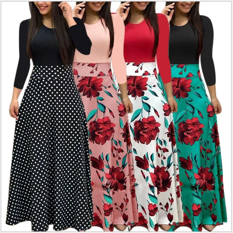 

2021 Wholesale Ecoparty Women Female Fashion Sleeve Floral Print Long Maxi Dress Ladies Casual Ankle-Length Vestido, As show