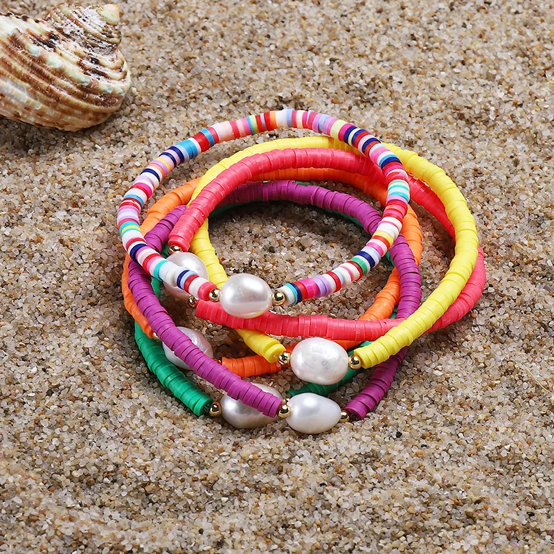 

Summer Beach Bracelet Jewelry Heishi Bracelet & Bangles with Freshwater Pearl Rainbow Vinyl Disc Bead Surfer Stretch Bracelet, As the pictures