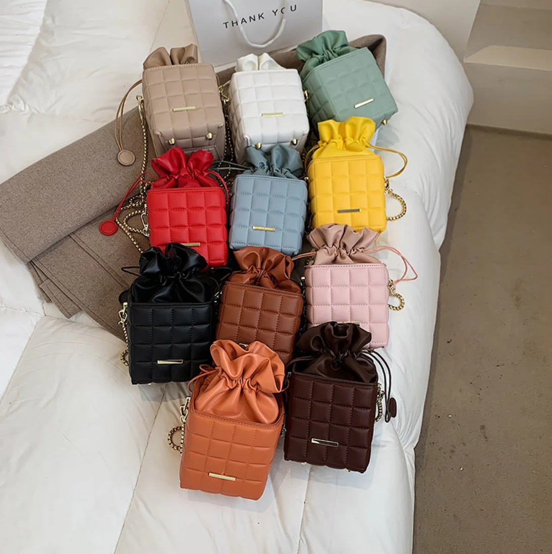 

New arrivals 2020 Fall PU Leather Bucket bag Drawstring Handbags for Women Purses crossbody, 11colors