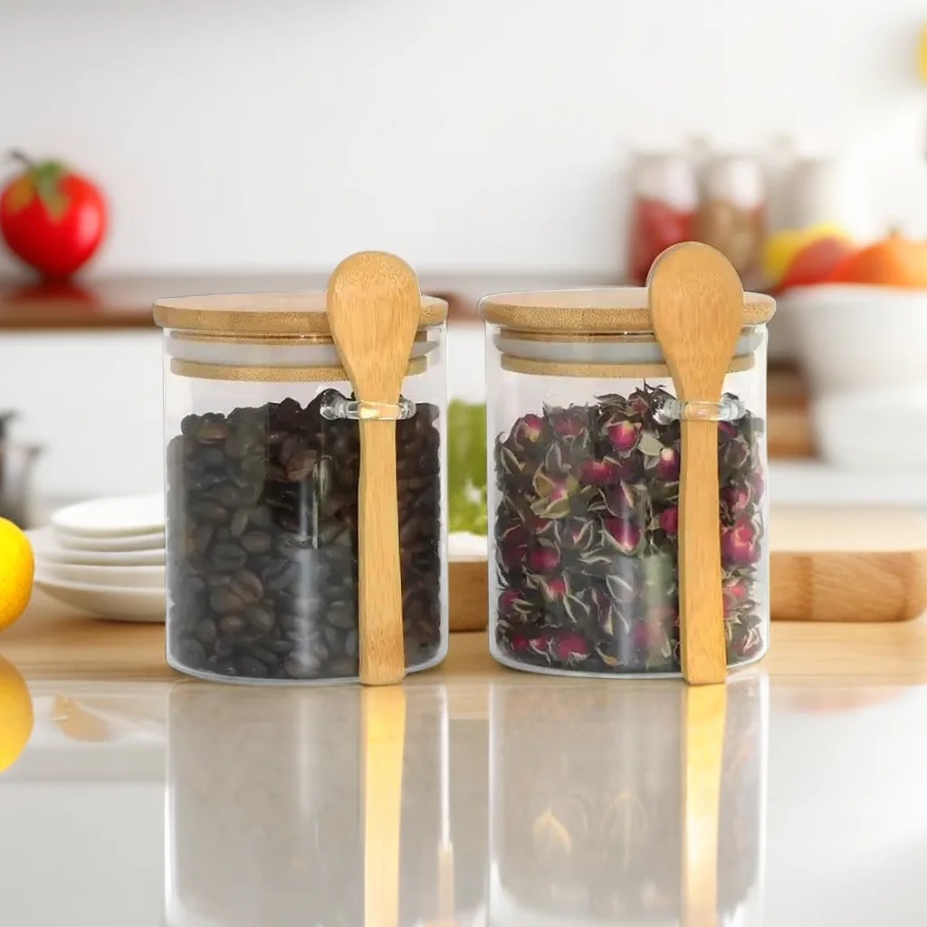 350 420 450ml Handmade Heat Resistant Borosilicate Glass Food Storage Jar With Bamboo Lid and Spoon for spice kitchen