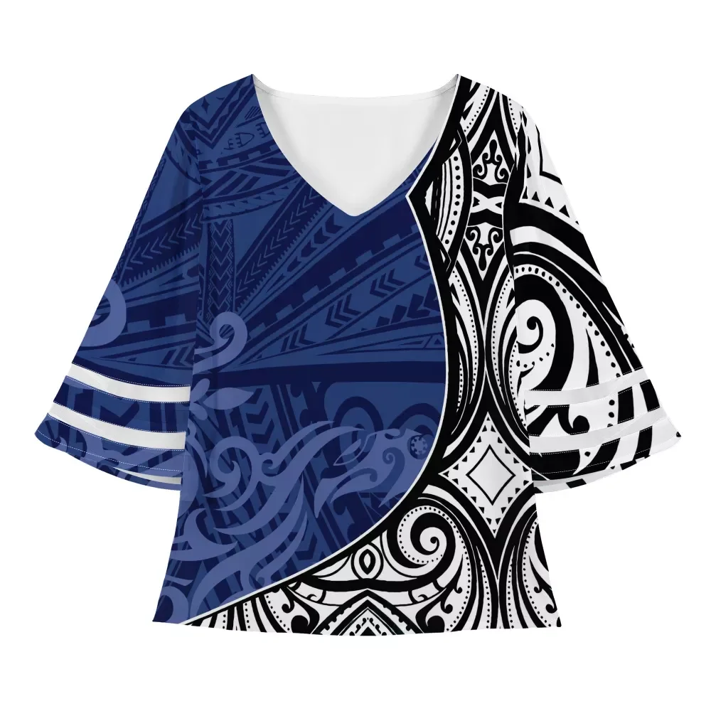 

Polynesian tribal design blue black and white printing ladies shirt custom bell sleeve ladies casual comfortable chiffon shirt, Customized color