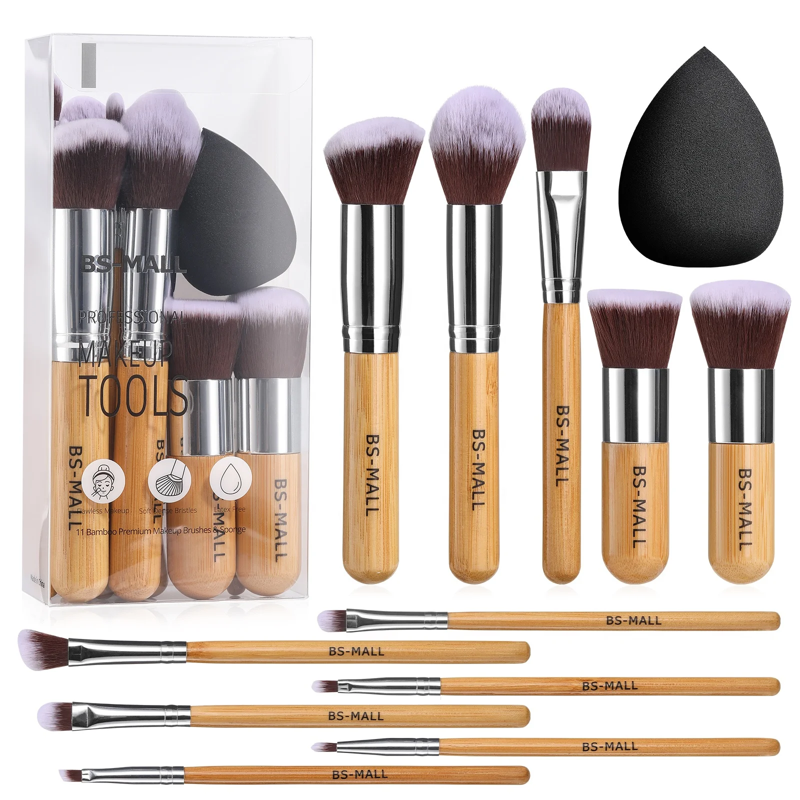 

Vegan Cruelty Free Bamboo Makeup Brushes Custom Logo BS-MALL 11 PCS Bamboo Makeup Brushes with Makeup Sponge