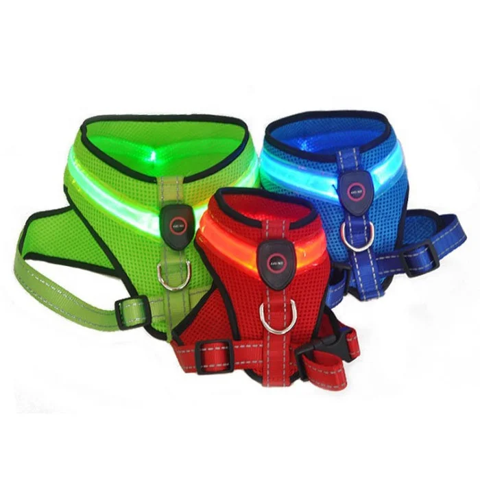 

USB Recharging Nylon Webbing Reflective Adjustable Light Up Glowing Mesh Led Luminous Dog Harness, Blue, red, green, black