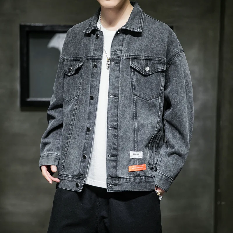 

2021 Oversize Fashion Plus Size Cotton Spring Blue Denim Jeans Jacket For Men, Dark grey, blue