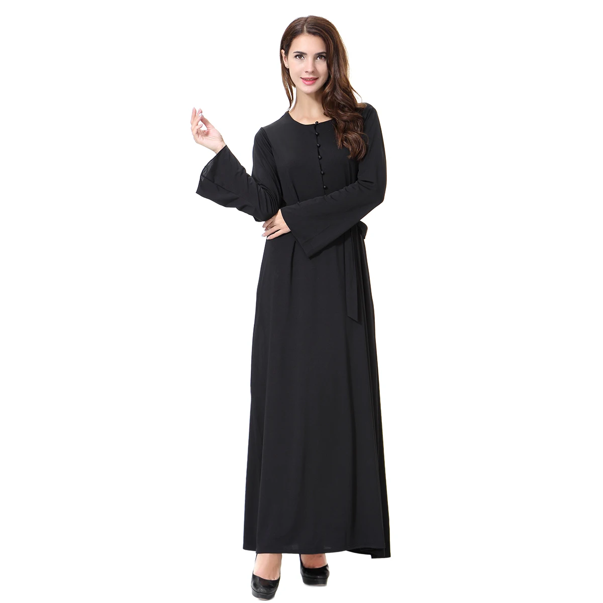 

Muslim Arab Middle East Women's Wool Peach Round Neck Pearl Button Robe Dress Female Gown