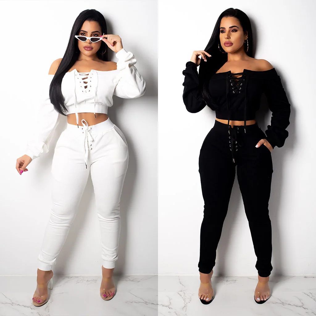 

Wholesale Fashion One Shoulder Tracksuit Sexy Bandage Drawstring Sweater Outfits Solid Color Casual Two Piece Pants Set, Shown