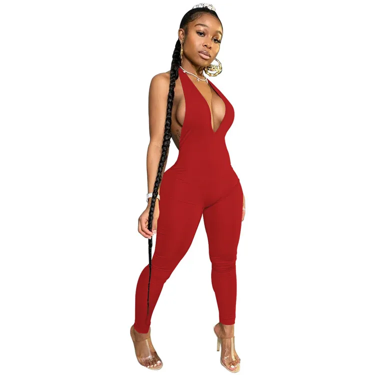 

Fast delivery custom logo new fashion sexy backless sleeveless bodycon tight rompers solid deep v neck halter women jumpsuit