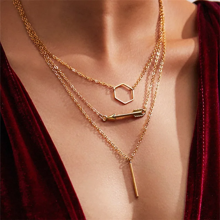 

European and American jewelry simple and popular hexagonal pendant circle arrow vertical bar metal necklace female, Picture shows