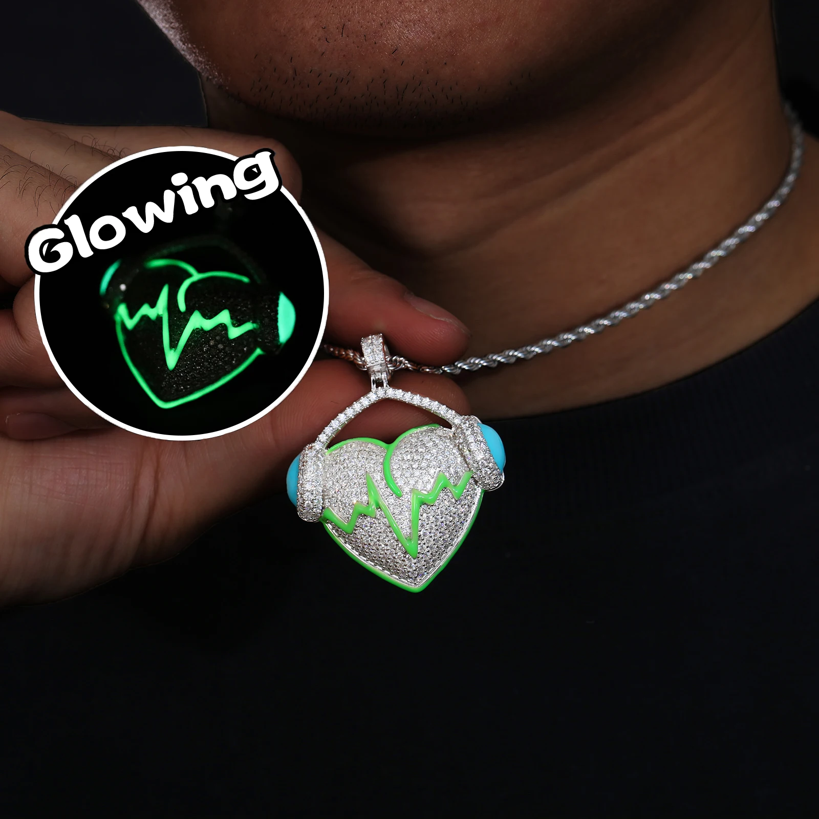 

Glow In The Dark Series Moissanite Listen Your Heart ECG Pendant Iced Out 925 Sterling Silver VVS Diamond Love Charm Necklace