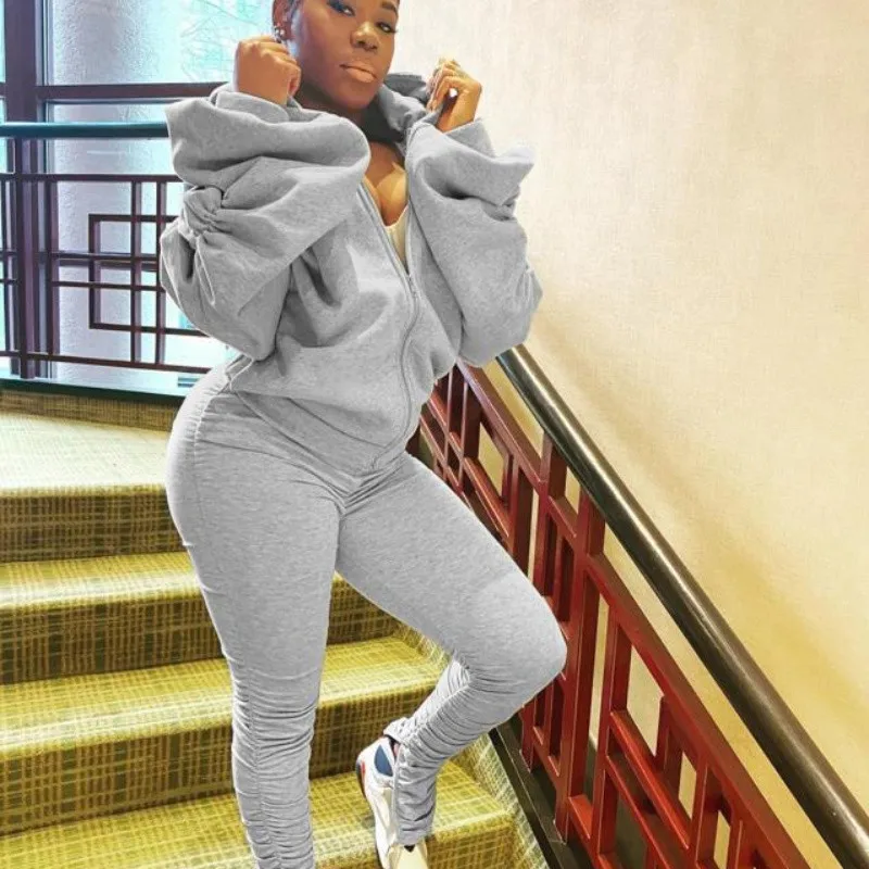 

Fashion 2020 clothing for women Backless Hooded Collar Ruched Women Fall Outfits 2 Piece Stacked Pants Set, Gray,black