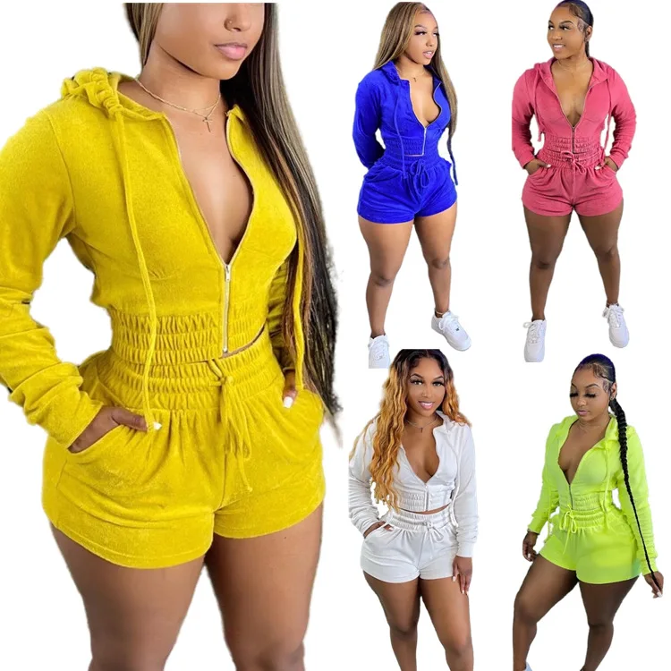 

2021 Fall Women Clothes Cozy Casual Outfits Velvet Zipper Up 2 Piece Short Set Collar Long Sleeve Hoodies And Shorts Sets, Customized colors