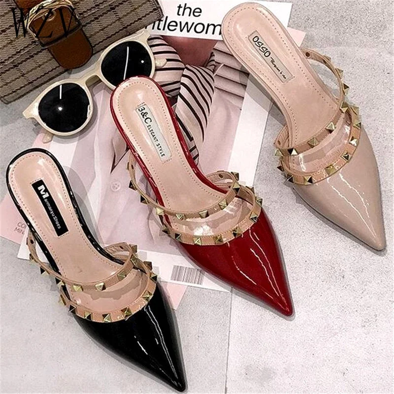 

Wholesale New Fashion Pointed Toe Rivet Punk Women Shoes closed toe Stiletto Hell Pumps Ladies Sandals And Slippers