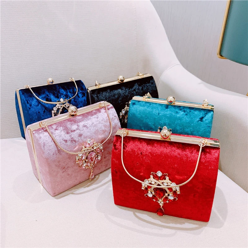 

box shape frame velvet clutch bag diamonds decoration evening bag for party