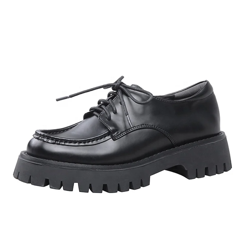 

2020 popular black lace-up ladies leather shoes flat platform women oxford shoes casual footwear