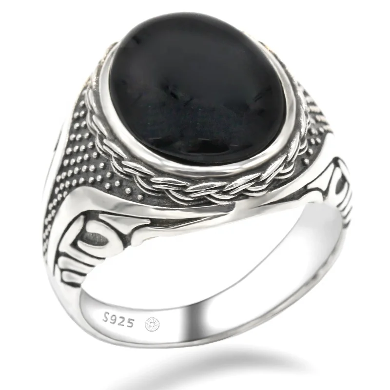 

Arabic S925 Sterling Silver Men Ring with Black Agate Stone for Man Rings Jewelry