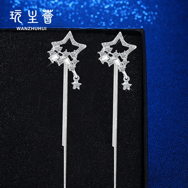 

Fashionable and simple stars studded long tassel shiny zircon earrings, Silver-color