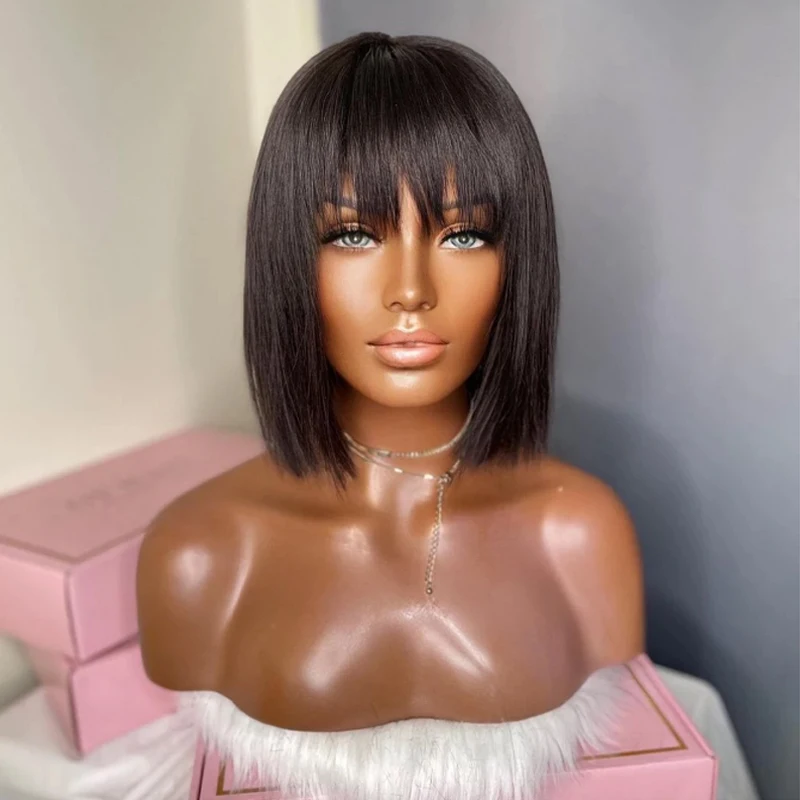 

Letsfly Human Hair Wigs Straight Non Lace Machine Made Wigs with Bang 10 12 14 Inches Remy Virgin Hair Wholesale Bob Wigs