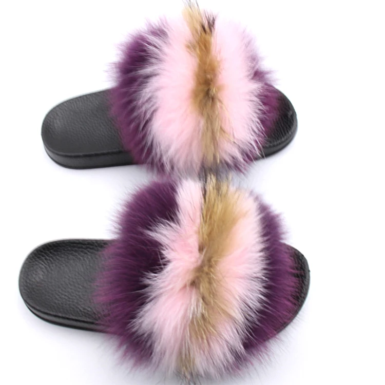 

wholesale Autumn Soft Furry Women Genuine Sandals Slippers Slides With Real Fox Fur, Multi color single color