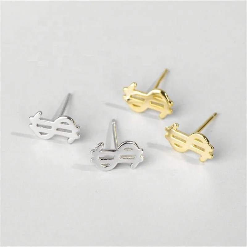 

Fashion Sterling Silver Dollar Coins $ Shape Stud Earrings, Gold/silver