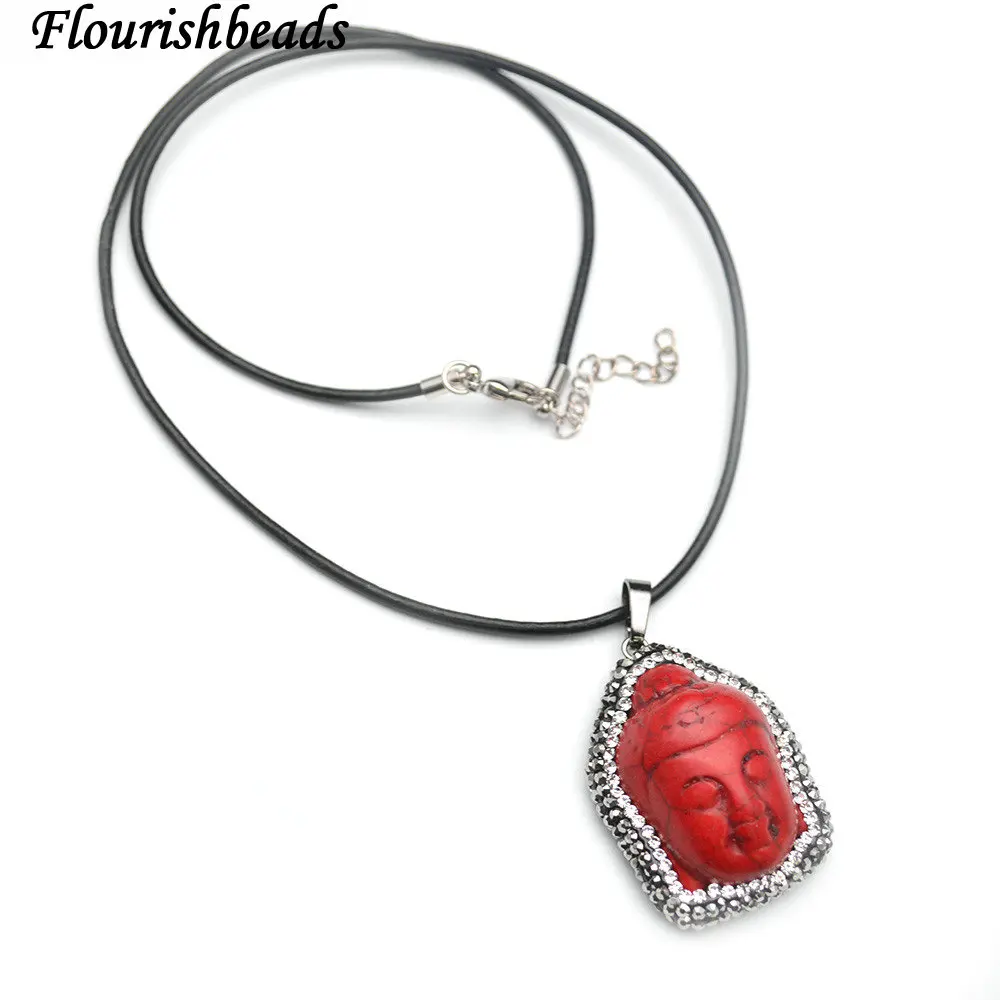 

Crystal Beads Paved Red Howlite Turquoise Buddha Leather Cord Chains Necklace Fashion Jewelrys