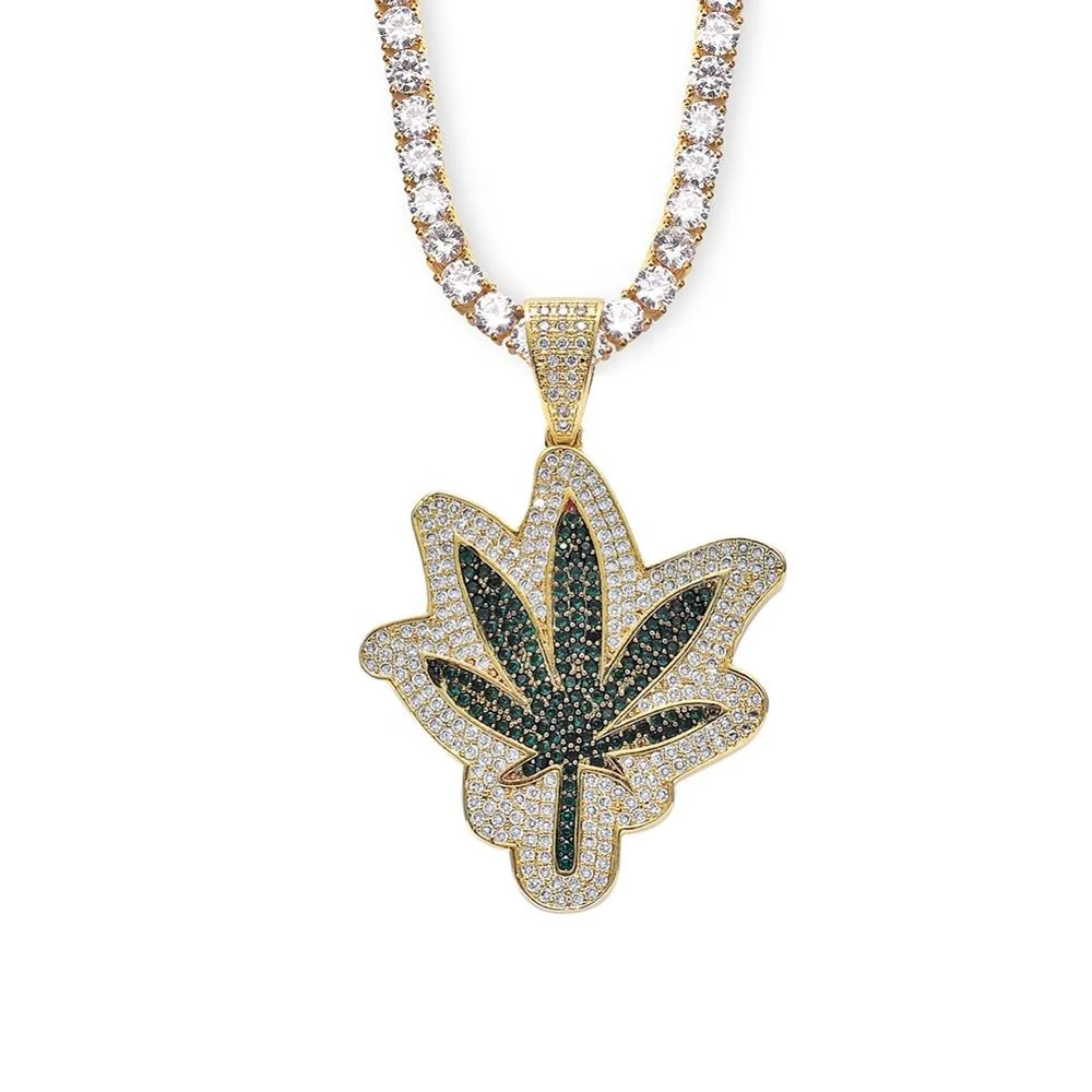 

Bing Bling Rock Iced Out Cubic Zirconia Diamond Green Maple Leaf Pendant Gold Plated Brass Necklace Rapper Hip Hop Jewelry Homme, Silver,gold