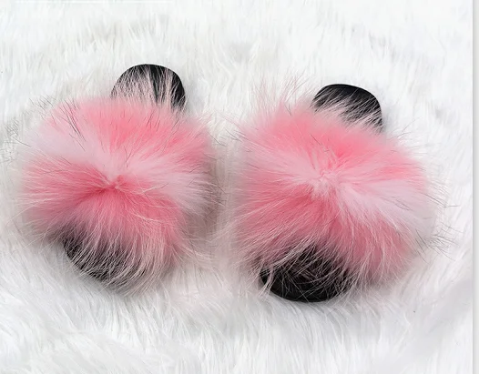 

Popular hot selling rainbow color indoor real fur slippers fox fur furry Slippers For Women